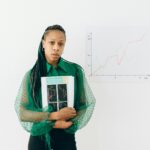 Young businesswoman in green blouse holding financial charts, standing against a growth graph